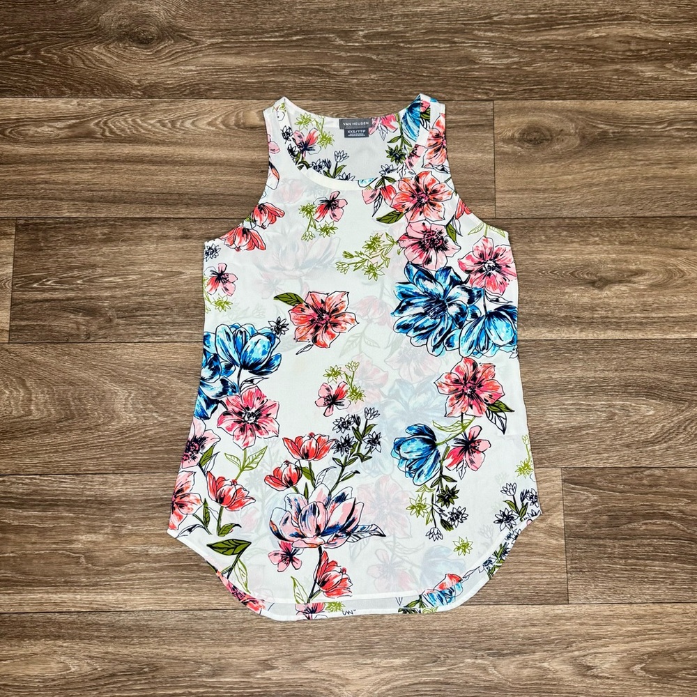Floral Sleeveless Women's Top - White with Pink and Blue Accents